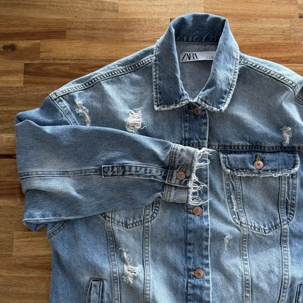 Zara Men's Denim Jacket Sz Large Distressed Grunge‎ 100% Cotton Urban RARE